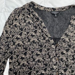 Lucky Brand Black Button Up Long Sleeve with Cream Flowers, Size Small